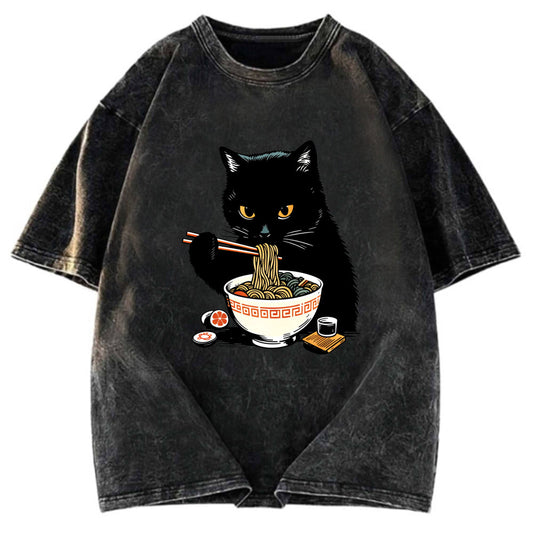 Tokyosol Cat Eating Favorite Ramen Washed T-Shirt