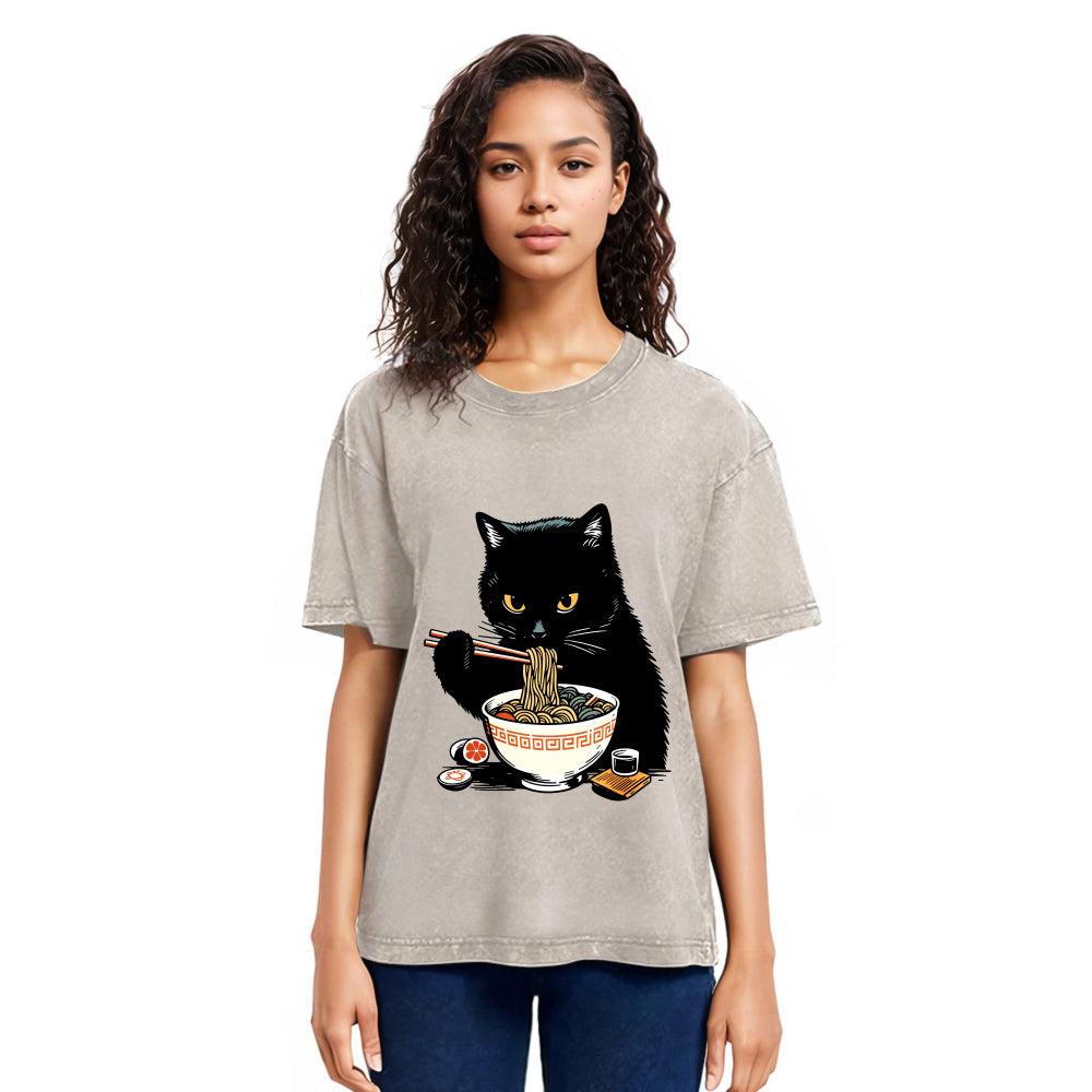 Tokyosol Cat Eating Favorite Ramen Washed T-Shirt