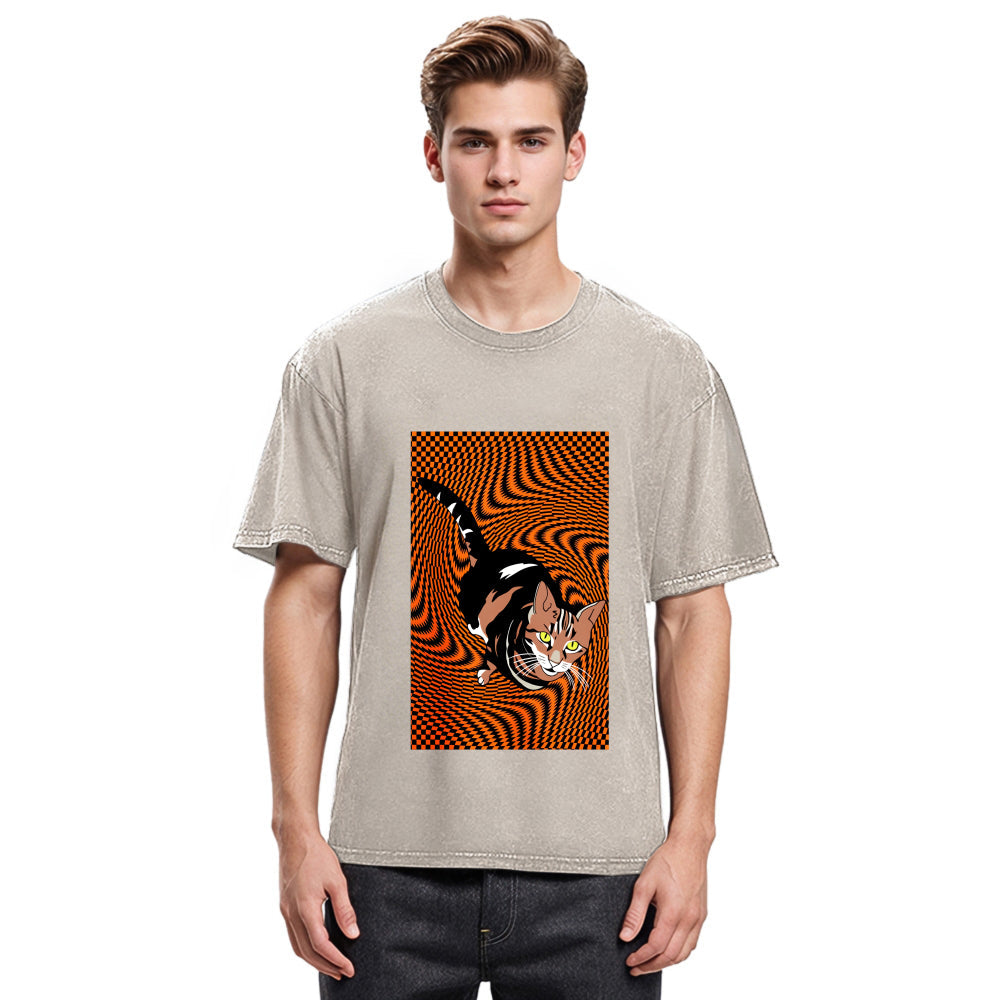 Tokyosol Psychedelic Orange Cat Washed T-Shirt