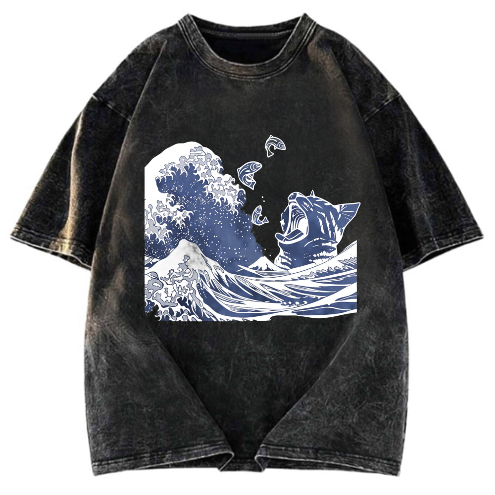 Tokyosol Wave And Cat Japanese Washed T-Shirt