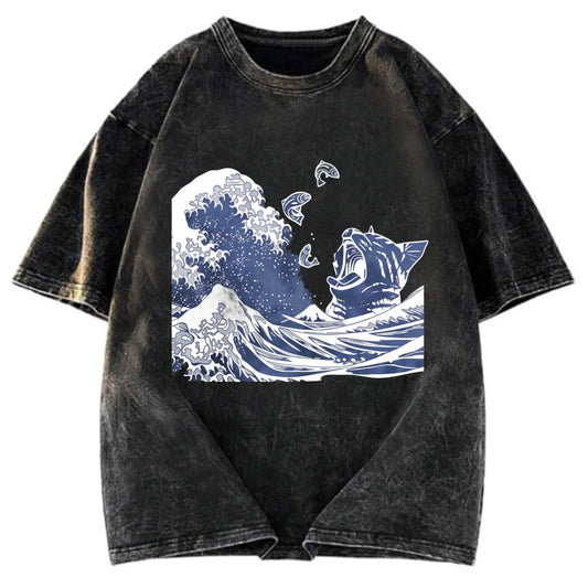 Tokyosol Wave And Cat Japanese Washed T-Shirt