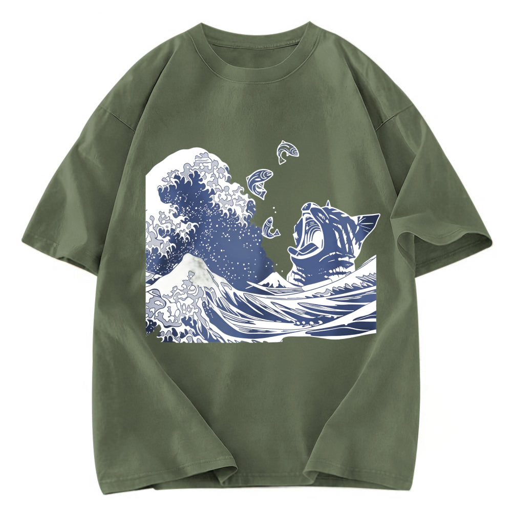 Tokyosol Wave And Cat Japanese Washed T-Shirt