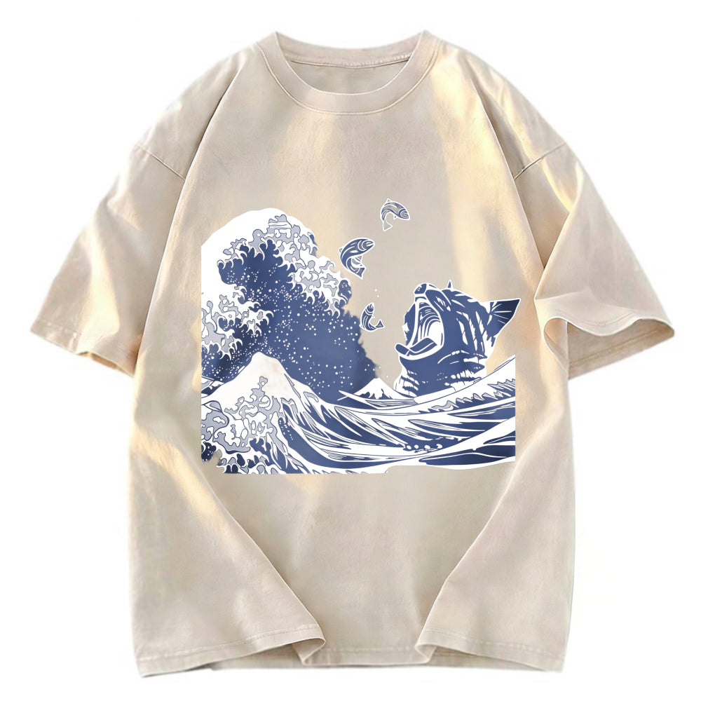 Tokyosol Wave And Cat Japanese Washed T-Shirt