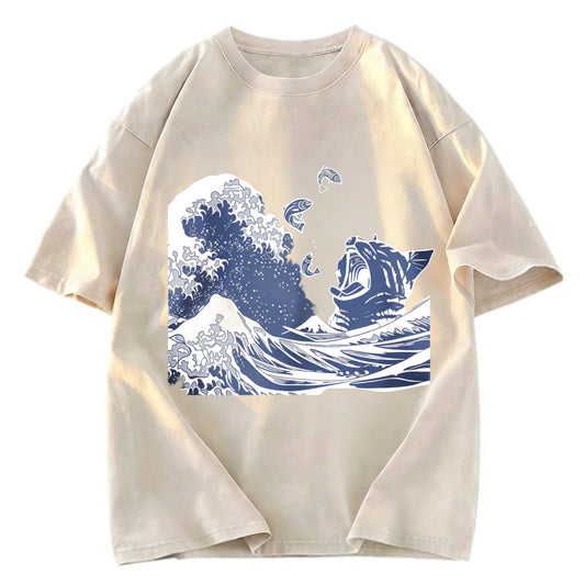 Tokyosol Wave And Cat Japanese Washed T-Shirt