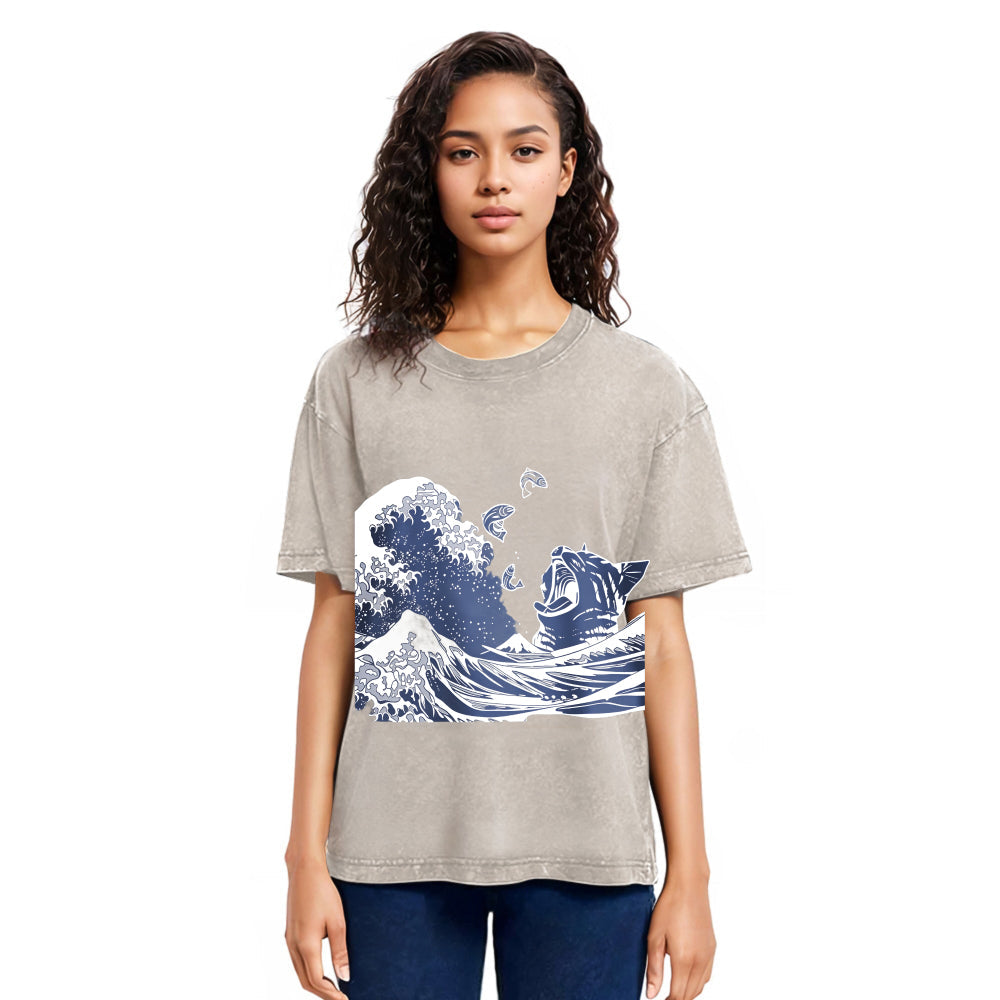 Tokyosol Wave And Cat Japanese Washed T-Shirt