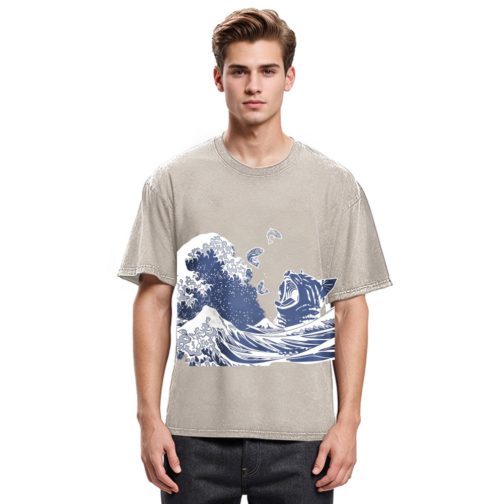 Tokyosol Wave And Cat Japanese Washed T-Shirt