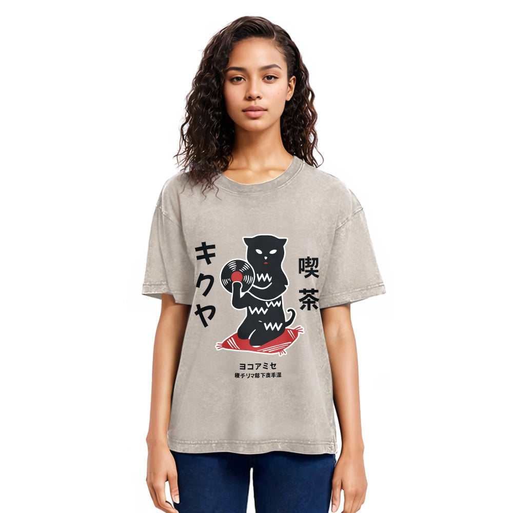 Tokyosol Vintage Black Cat Japanese Washed T-Shirt