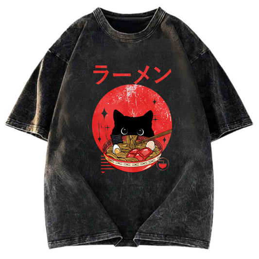 Tokyosol Black Cat Eat Ramen Washed T-Shirt