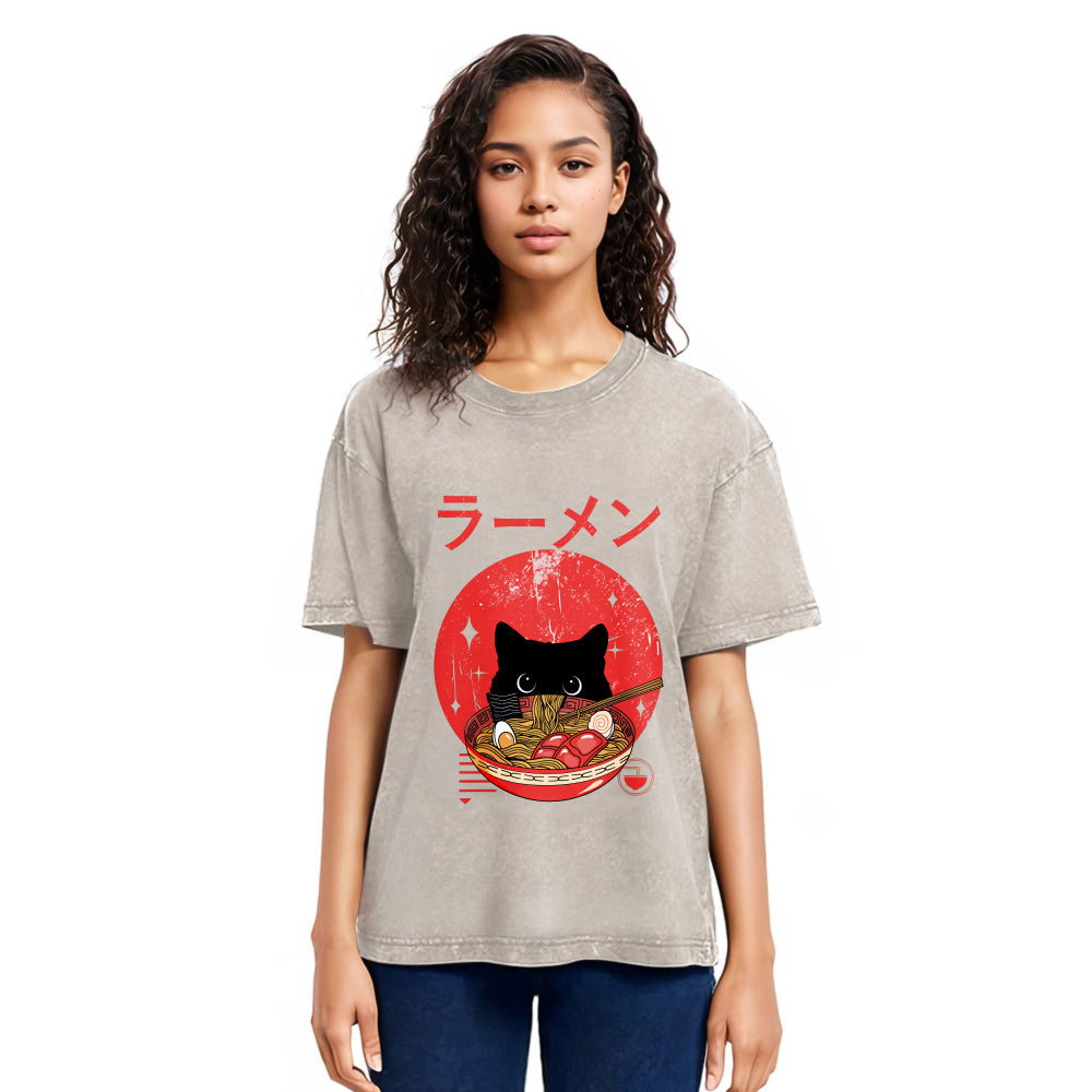 Tokyosol Black Cat Eat Ramen Washed T-Shirt