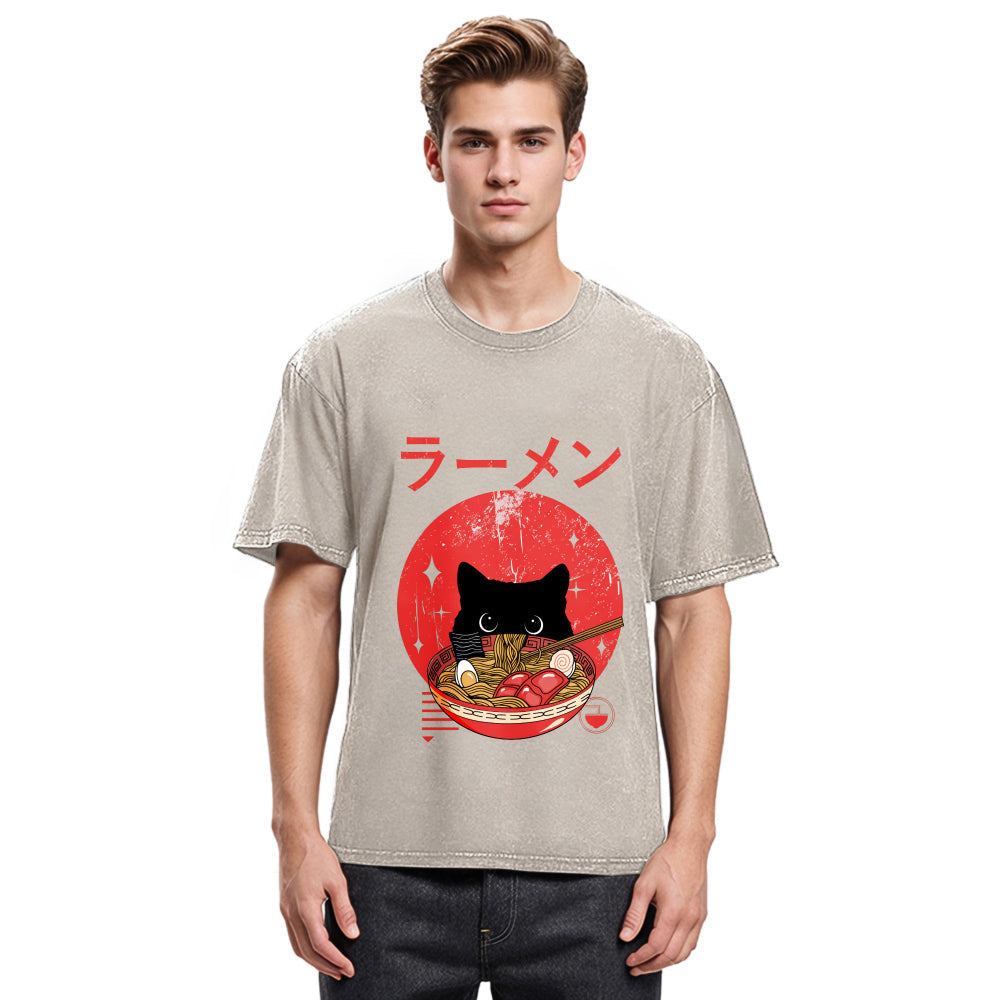 Tokyosol Black Cat Eat Ramen Washed T-Shirt