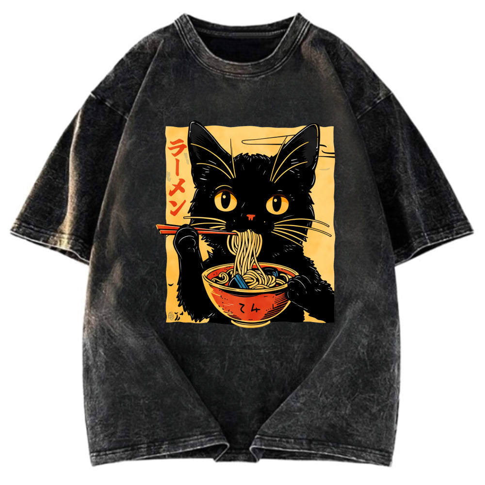 Tokyosol Cat Enamored Of Ramen Washed T-Shirt