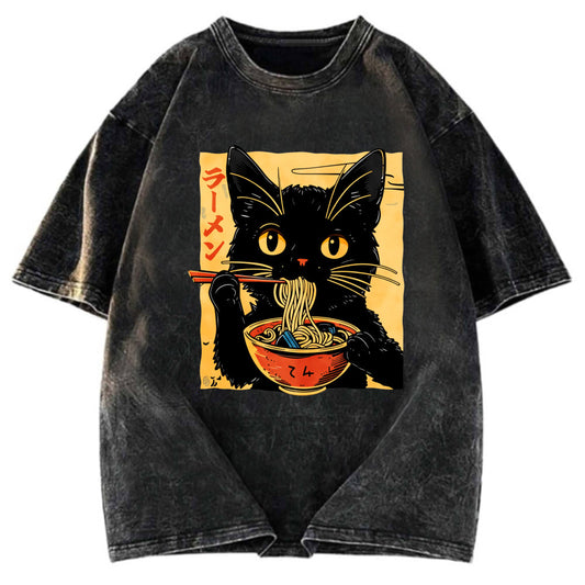 Tokyosol Cat Enamored Of Ramen Washed T-Shirt