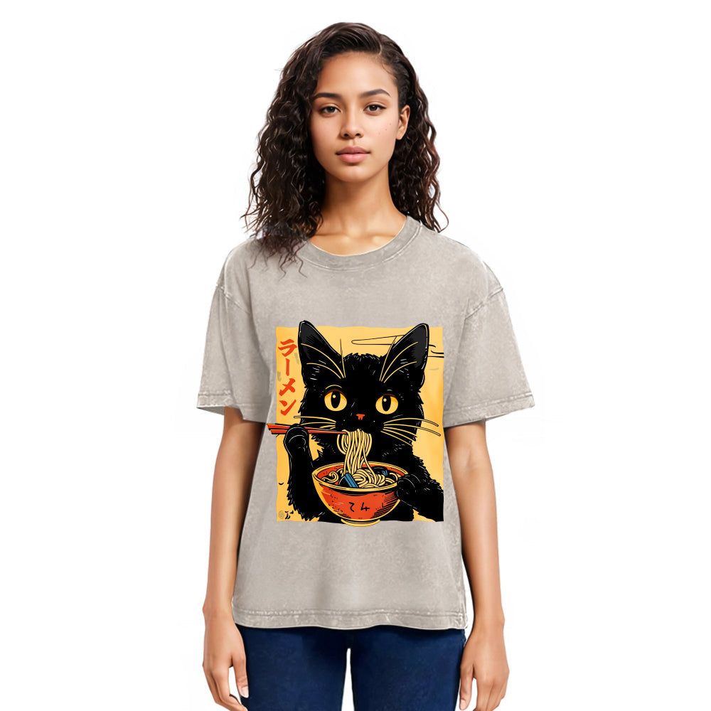 Tokyosol Cat Enamored Of Ramen Washed T-Shirt