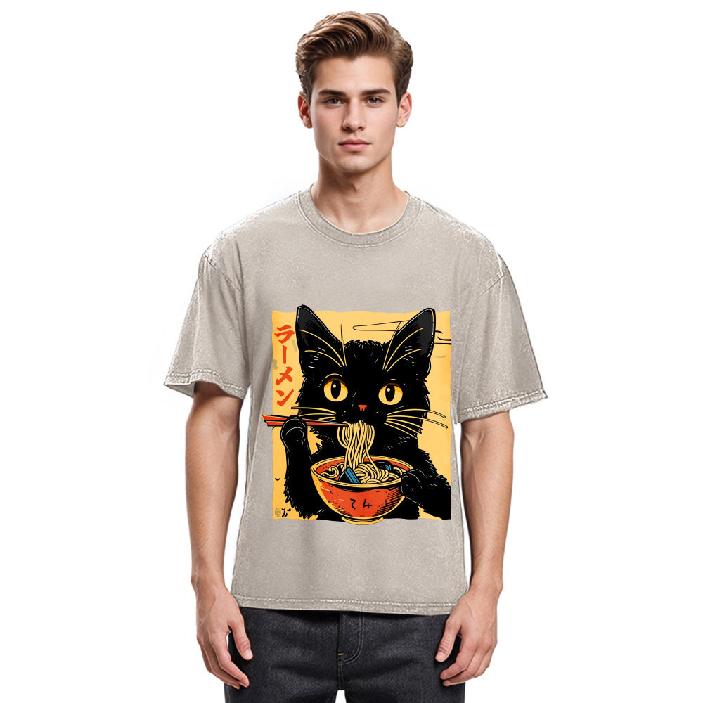 Tokyosol Cat Enamored Of Ramen Washed T-Shirt