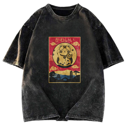 Tokyosol Retro Lucky Cat Washed T-Shirt