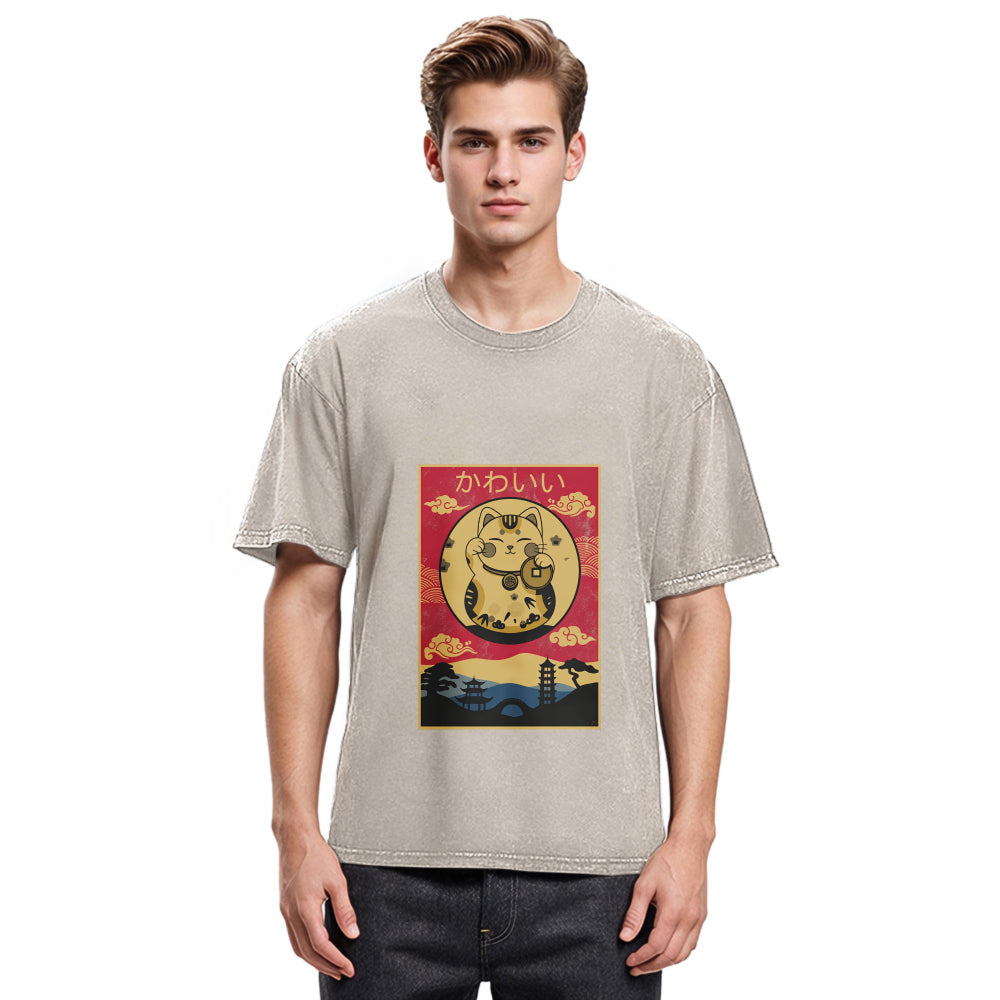 Tokyosol Retro Lucky Cat Washed T-Shirt