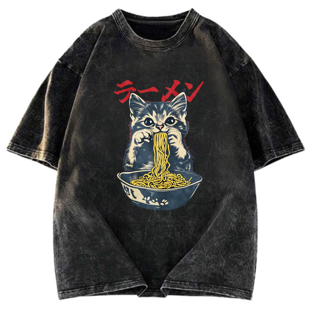 Tokyosol Cute Cat Is Eating Ramen Washed T-Shirt