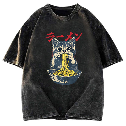 Tokyosol Cute Cat Is Eating Ramen Washed T-Shirt