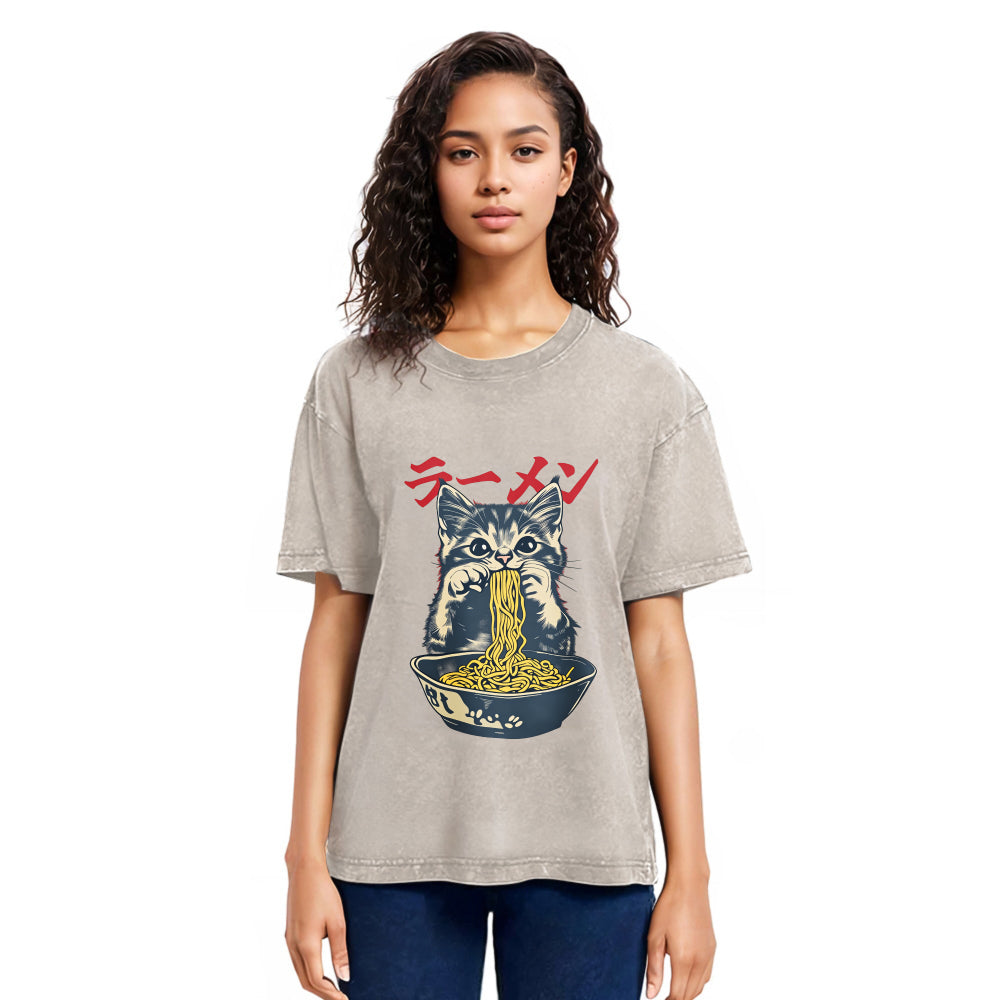 Tokyosol Cute Cat Is Eating Ramen Washed T-Shirt