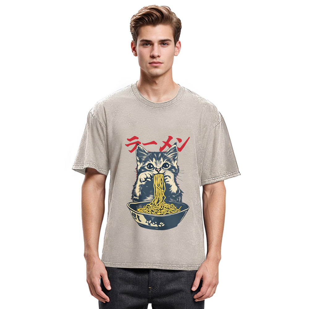 Tokyosol Cute Cat Is Eating Ramen Washed T-Shirt
