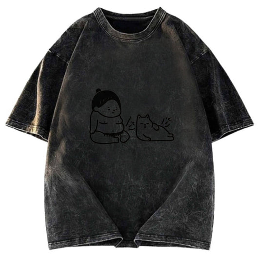 Tokyosol Warrior And Cat Are Both Hungry Washed T-Shirt