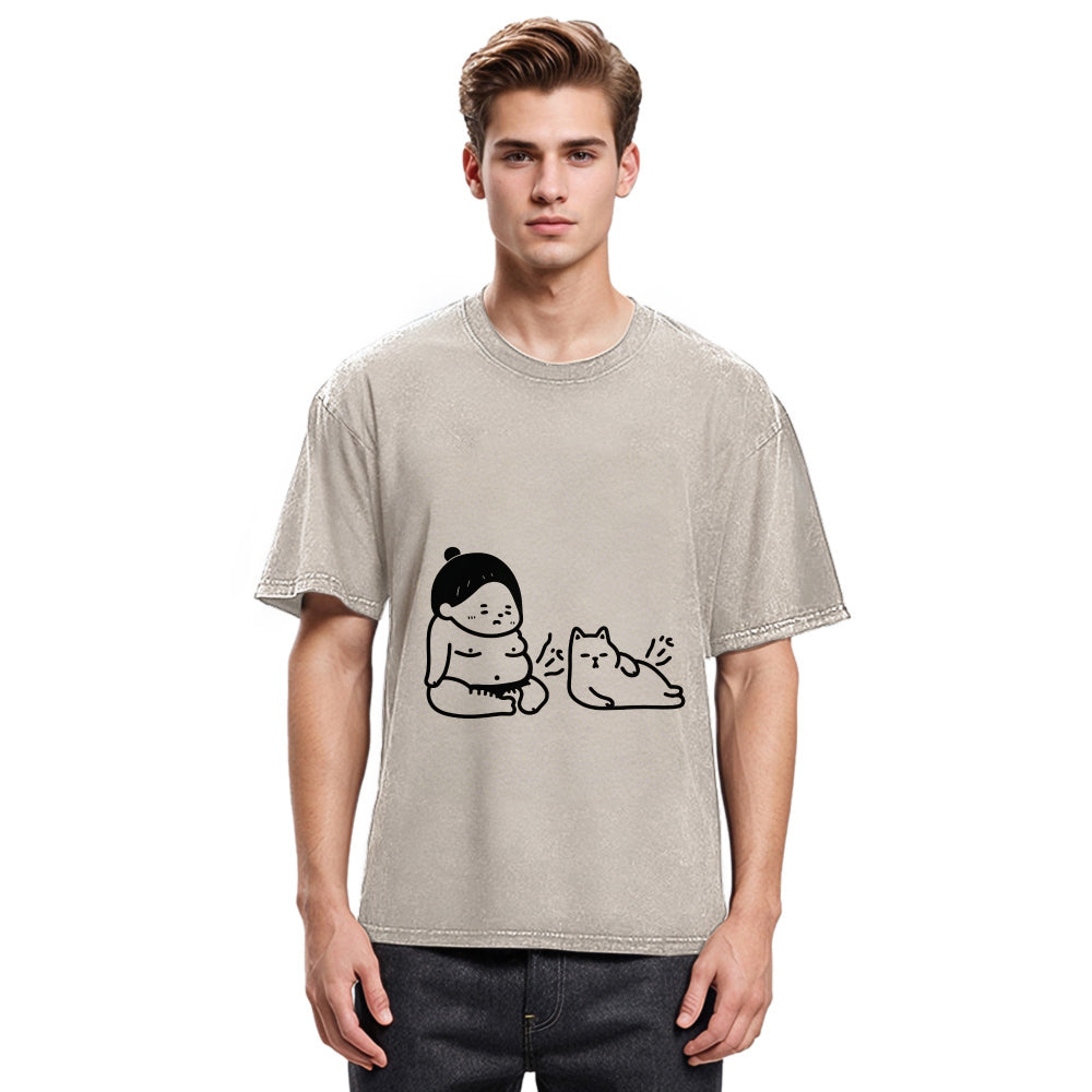Tokyosol Warrior And Cat Are Both Hungry Washed T-Shirt