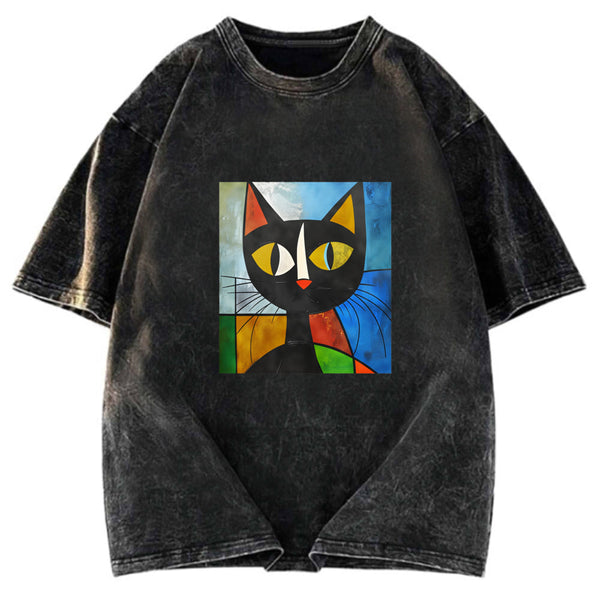 Tokyosol Funny Picasso Cat Washed T-Shirt