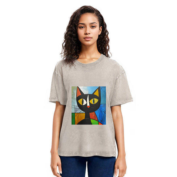 Tokyosol Funny Picasso Cat Washed T-Shirt