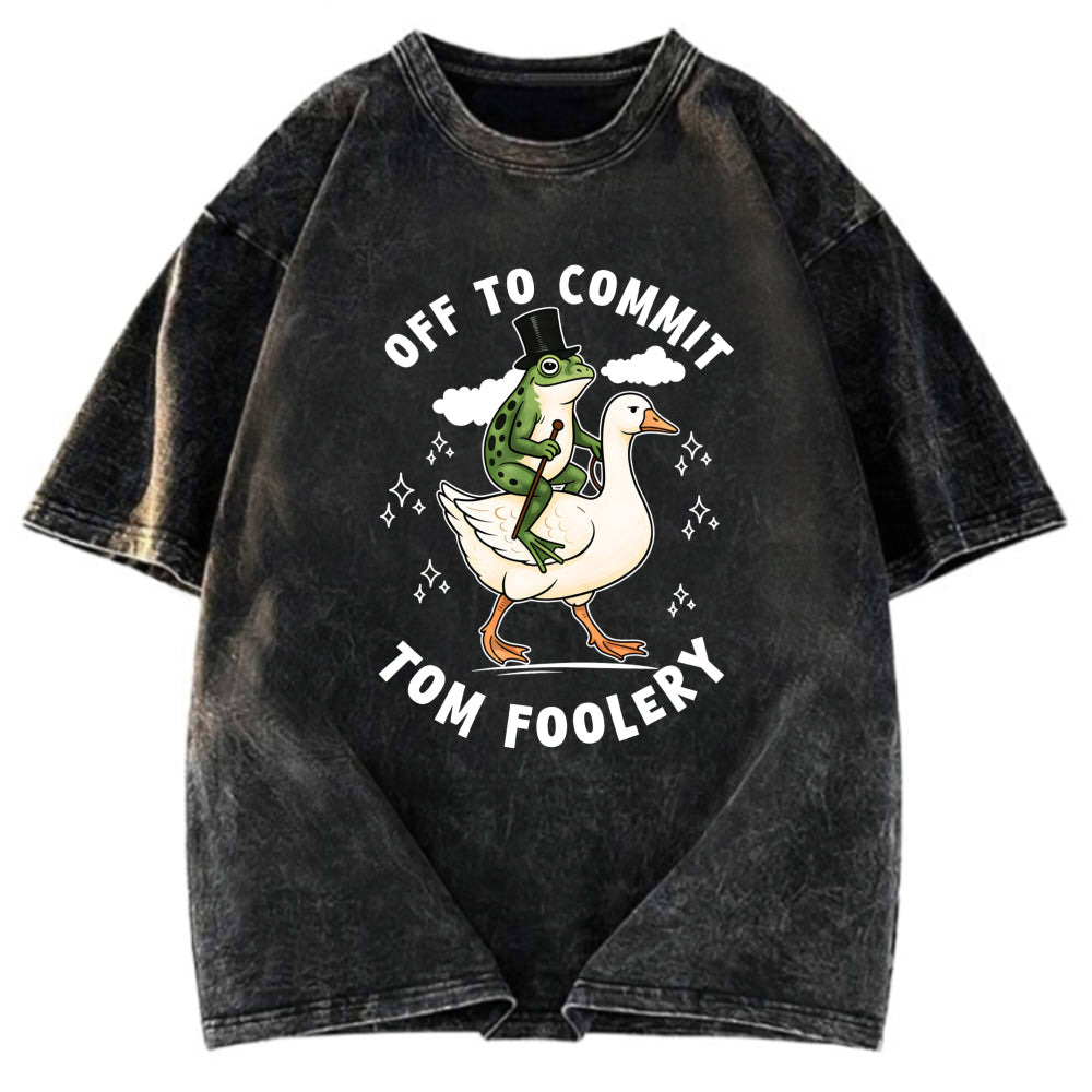 Tokyosol Frog Riding Goose Funny Sarcastic Meme Washed T-Shirt