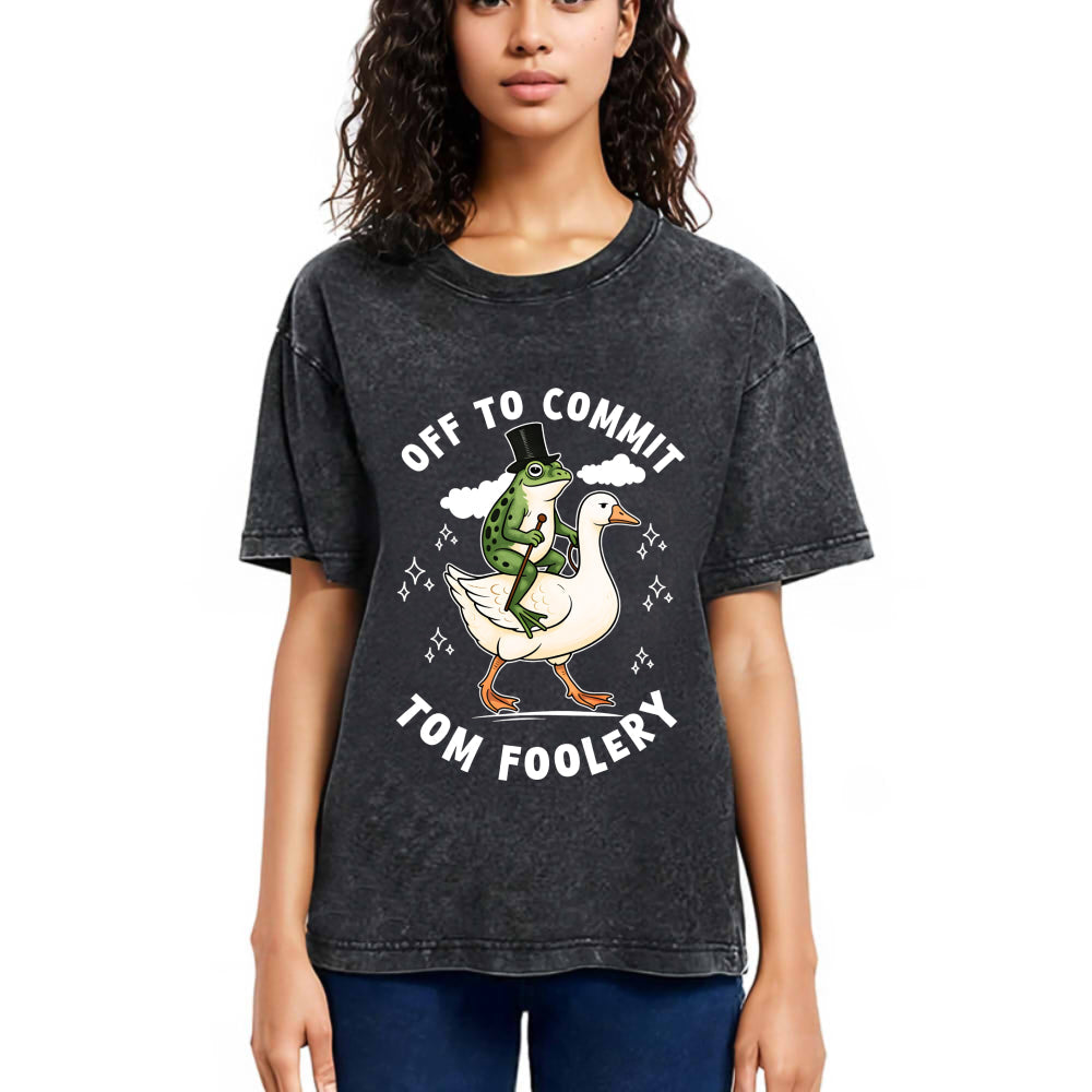 Tokyosol Frog Riding Goose Funny Sarcastic Meme Washed T-Shirt