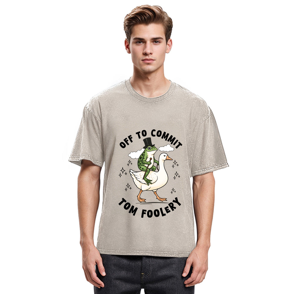 Tokyosol Frog Riding Goose Funny Sarcastic Meme Washed T-Shirt