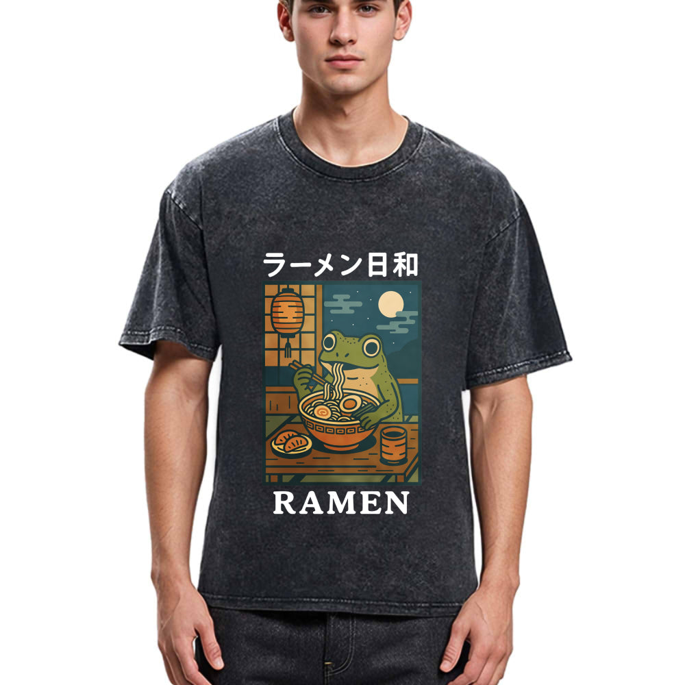 Tokyosol Japanese Frog Eating Ramen Washed T-Shirt