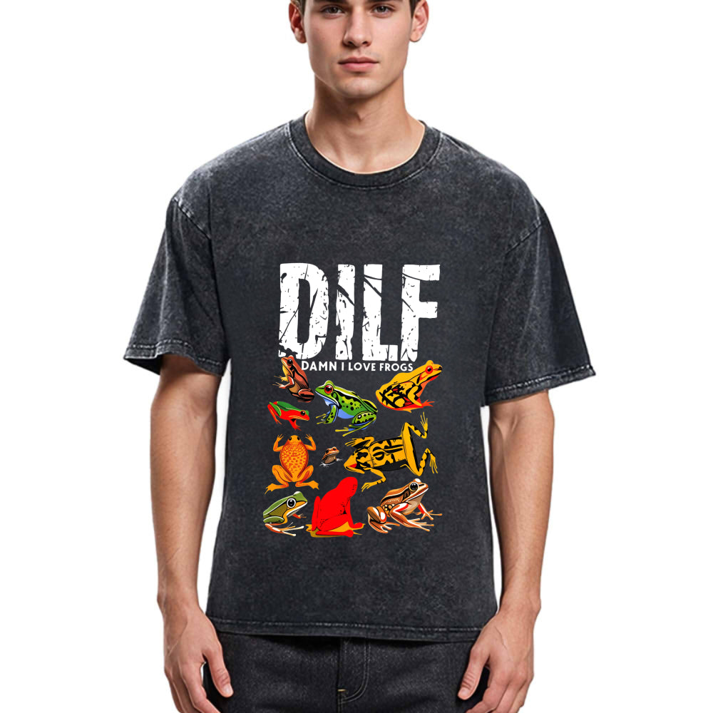 Tokyosol DILF Man I Love Frogs Funny Meme Washed T-Shirt