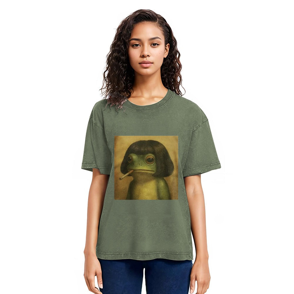 Tokyosol Frog Face With Bob Haircut Meme Washed T-Shirt