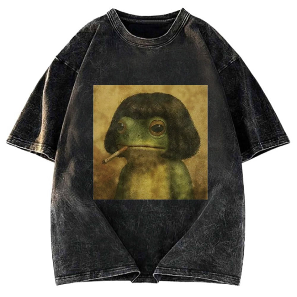 Tokyosol Frog Face With Bob Haircut Meme Washed T-Shirt