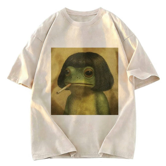 Tokyosol Frog Face With Bob Haircut Meme Washed T-Shirt