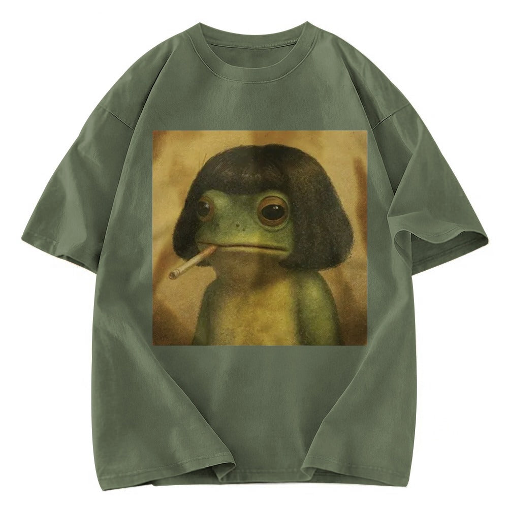 Tokyosol Frog Face With Bob Haircut Meme Washed T-Shirt