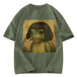 Tokyosol Frog Face With Bob Haircut Meme Washed T-Shirt