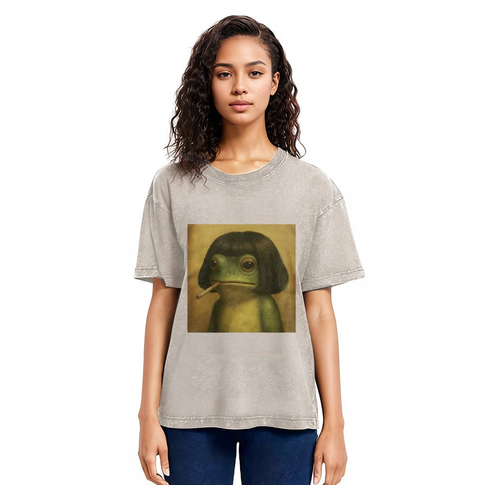 Tokyosol Frog Face With Bob Haircut Meme Washed T-Shirt