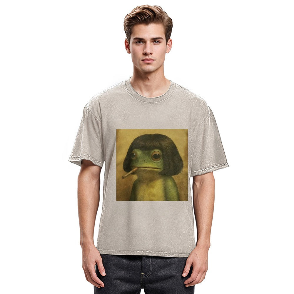 Tokyosol Frog Face With Bob Haircut Meme Washed T-Shirt
