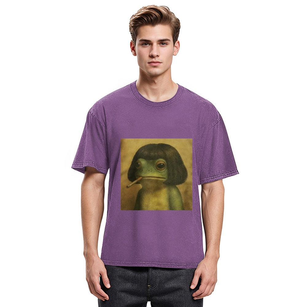 Tokyosol Frog Face With Bob Haircut Meme Washed T-Shirt
