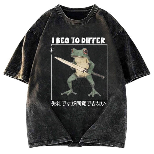 Tokyosol Funny Frog Graphic I Beg To Differ Frog Japanese Washed T-Shirt