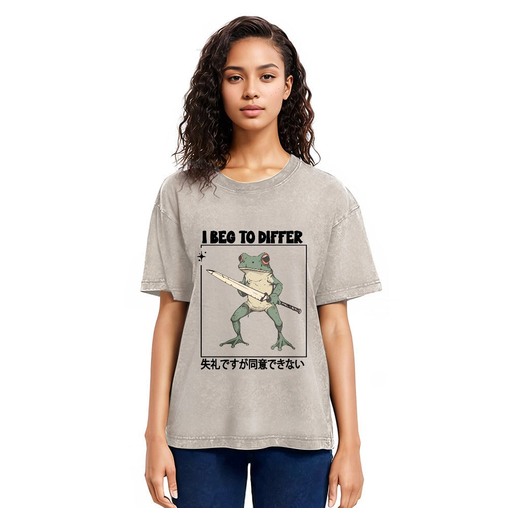 Tokyosol Funny Frog Graphic I Beg To Differ Frog Japanese Washed T-Shirt