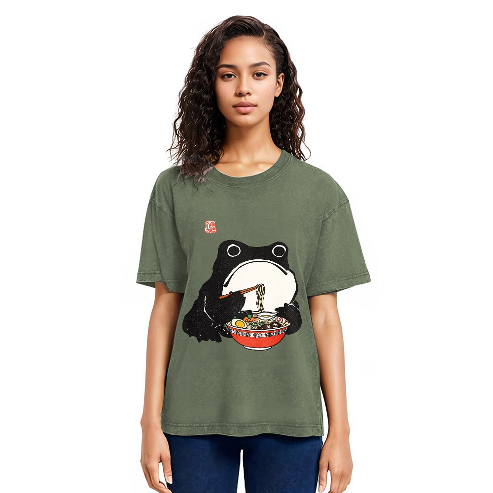 Tokyosol Funny Frog Eating Ramen Washed T-Shirt