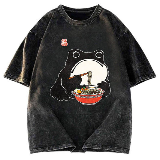 Tokyosol Funny Frog Eating Ramen Washed T-Shirt