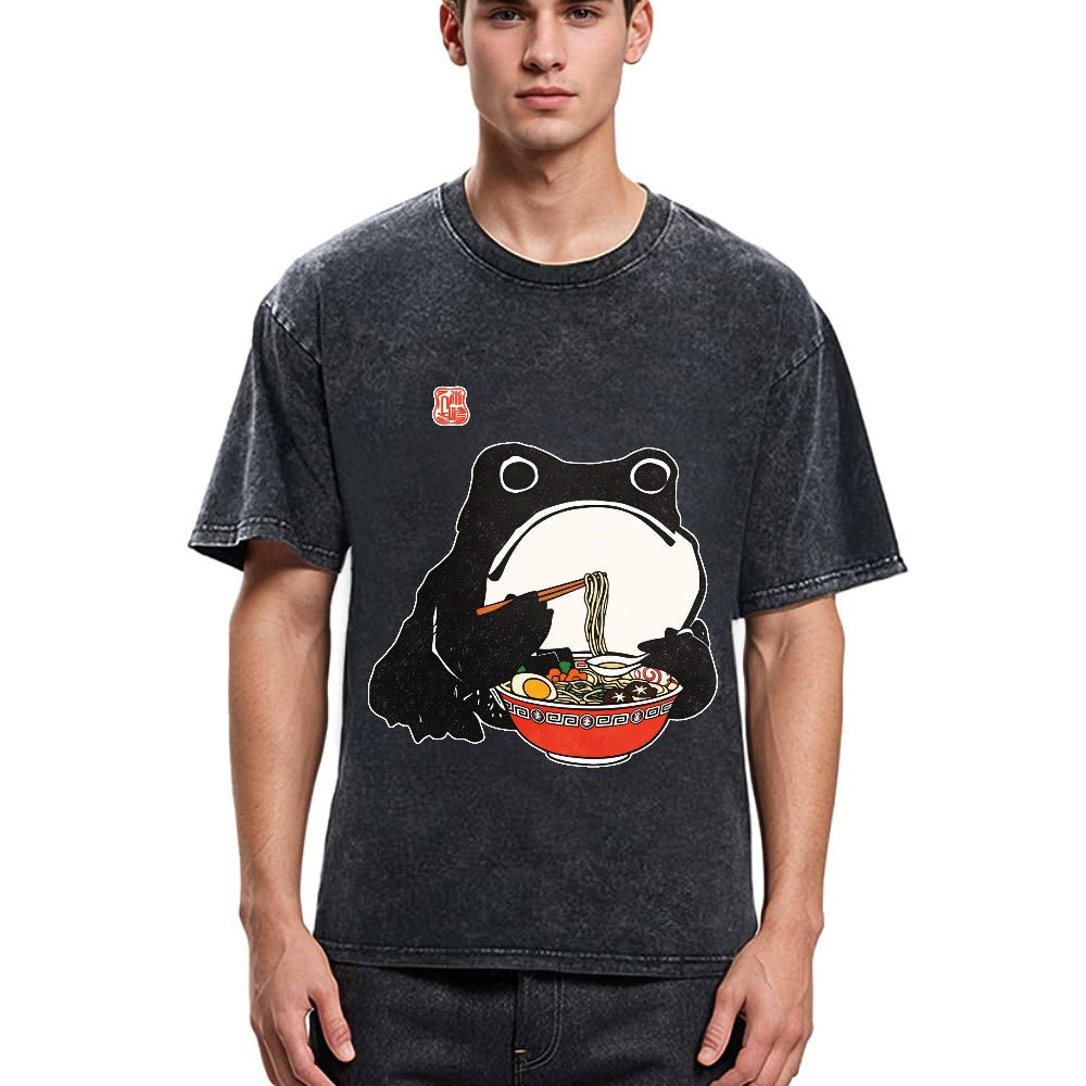 Tokyosol Funny Frog Eating Ramen Washed T-Shirt