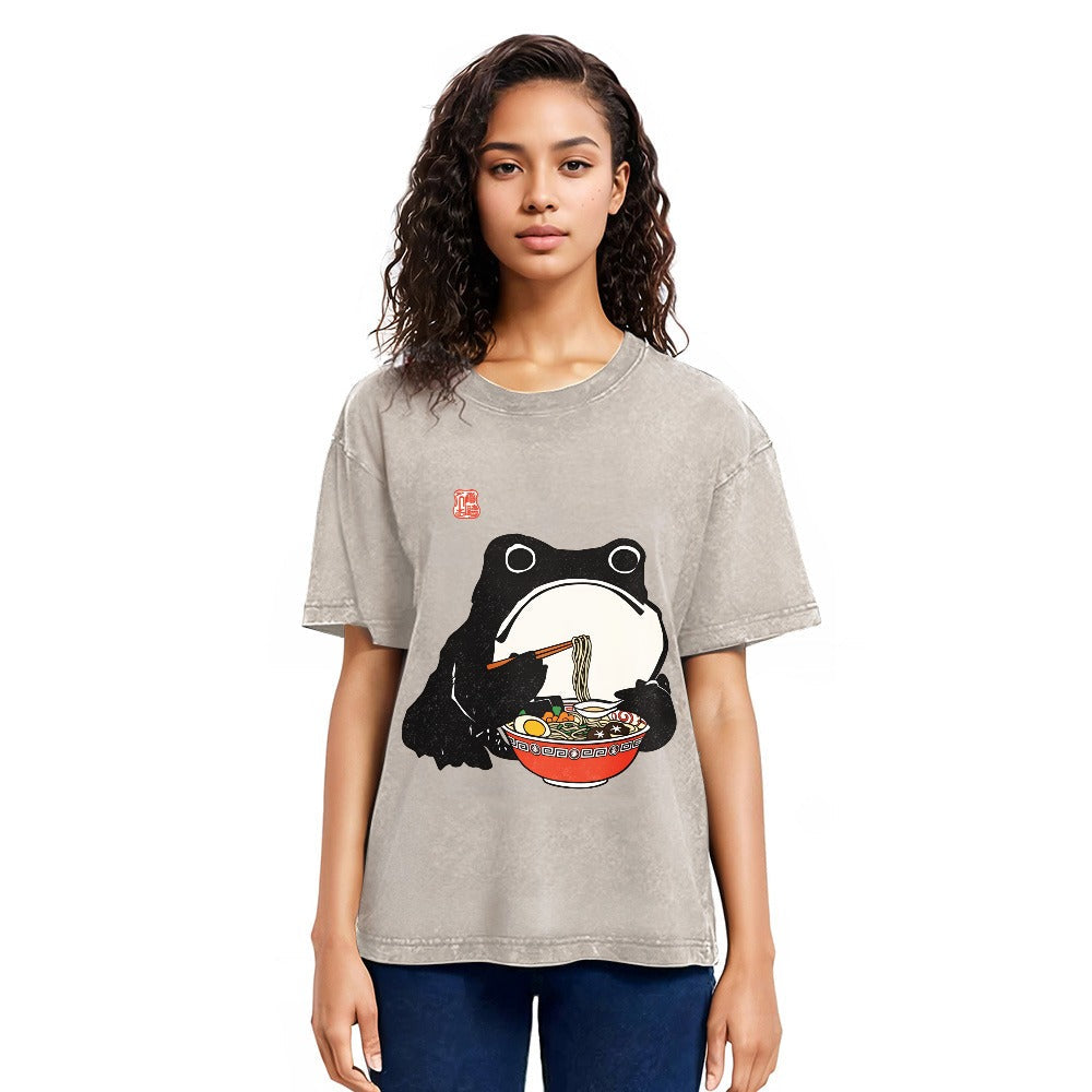 Tokyosol Funny Frog Eating Ramen Washed T-Shirt