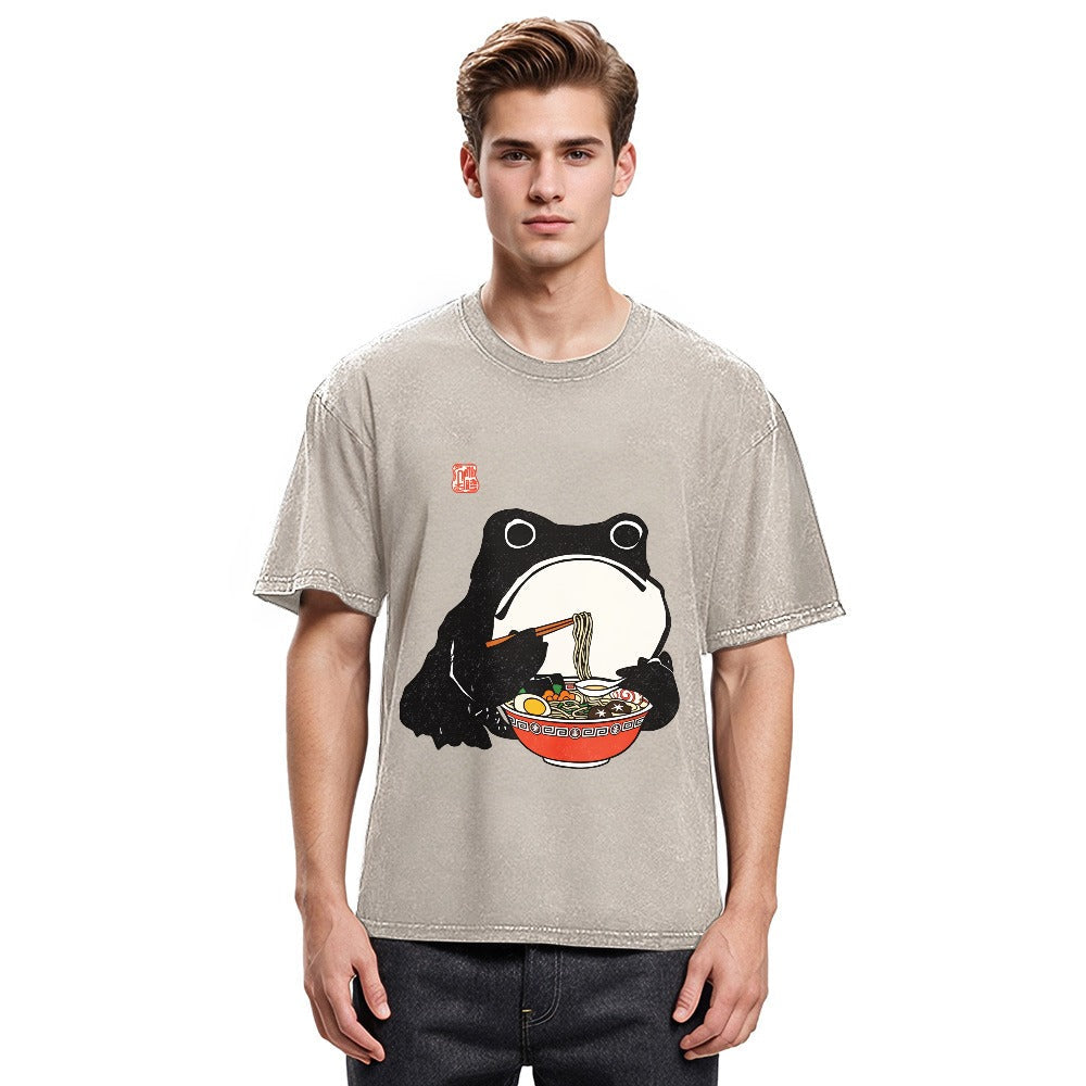 Tokyosol Funny Frog Eating Ramen Washed T-Shirt