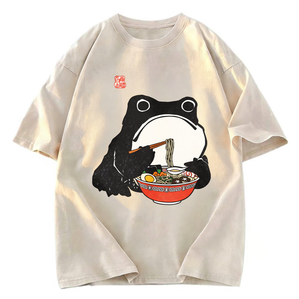 Tokyosol Funny Frog Eating Ramen Washed T-Shirt
