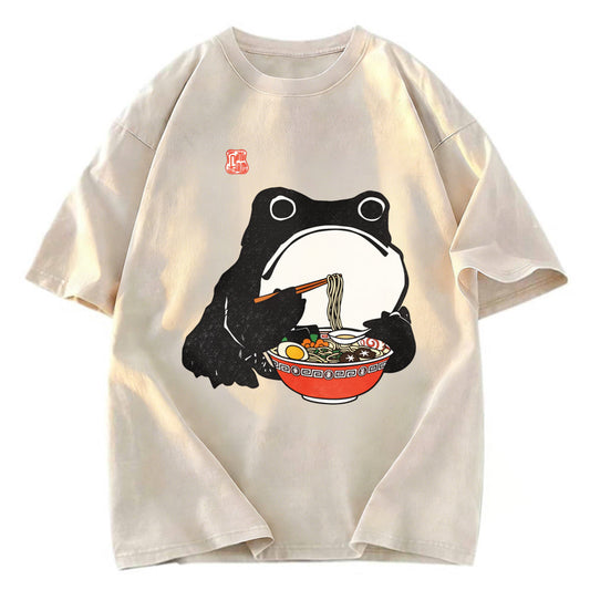 Tokyosol Funny Frog Eating Ramen Washed T-Shirt